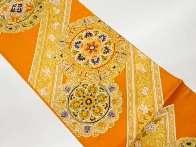JAPANESE KIMONO / VINTAGE  FUKURO OBI / WOVEN FLOWER CREST & FLOWER ARABESQUE
